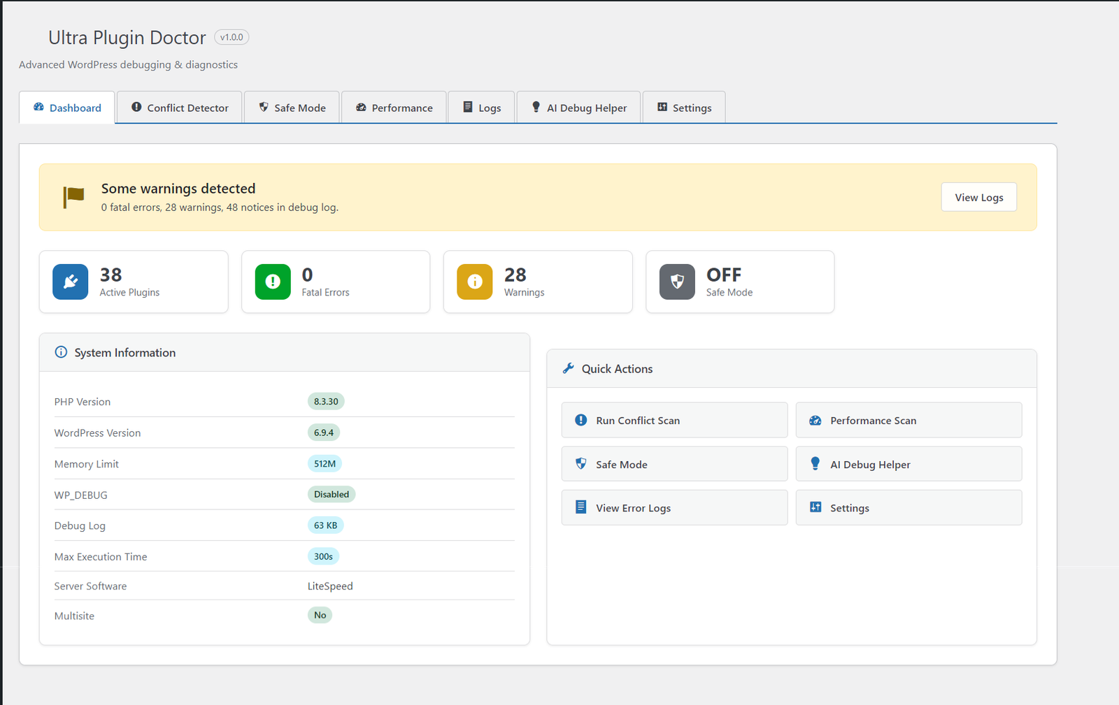 Plugin diagnostics screen